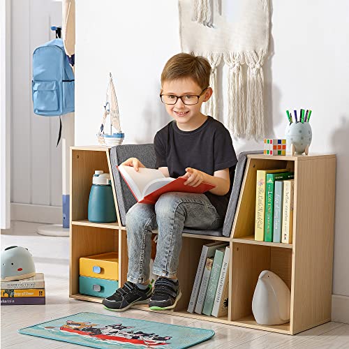 HOMCOM 6-Cubby Kids Bookcase with Reading Nook and Cushion, Multi-Purpose Storage Organizer for Bedroom, Living Room, Natural - color: Natural Wood