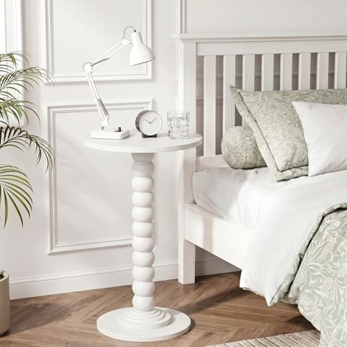 Round Side Table for Small Spaces, Modern Pedestal End Table with Solid Wood Spindle Leg, Small Drink Table Accent Nightstand for Living Room, Bedroom, Sofa Side, Apartment & Office, White - color: White