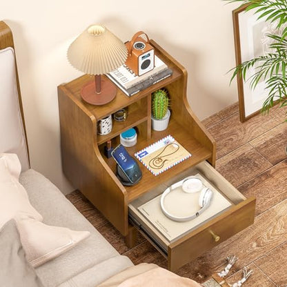Solid Wood Nightstand with Drawers, Bookshelf Nightstand, Mid Century Modern Nightstands, Small Wood Night Stand with Open Shelf, Wooden End Side Table with Storage for Bedroom, Living Room (Walnut) - style: Bookshelf Nightstand