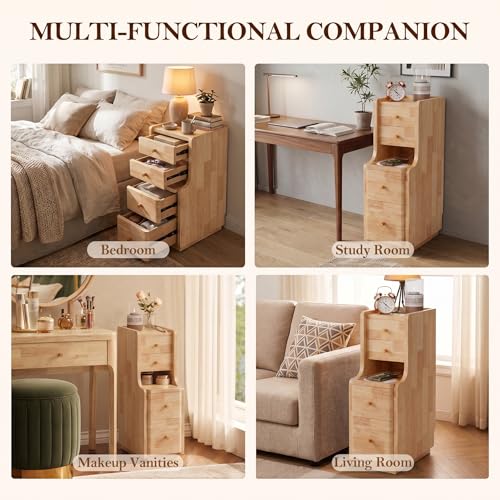 Narrow Nightstand with 4 Drawers, 7.9" Solid Wood Narrow Bedside Table Natural with Open Shelf & Cable Hole, Modern Night Stand Slim Bedside Table for Bedroom(Fully Assembly) - color: Natural