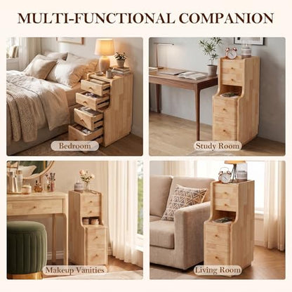 Narrow Nightstand with 4 Drawers, 7.9" Solid Wood Narrow Bedside Table Natural with Open Shelf & Cable Hole, Modern Night Stand Slim Bedside Table for Bedroom(Fully Assembly) - color: Natural