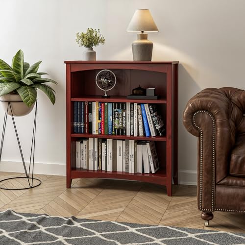 Camaflexi Shaker Style 3 Shelf Bookcase/Solid Wood / 36" High/Adjustable Shelving/Closed Back/Display Bookshelf for Living Room, Bedroom, Home and Office, Red Garnet Stain - color: Red Garnet Stain, size: 36"
