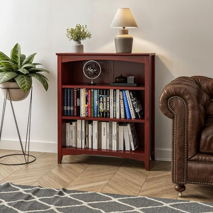 Camaflexi Shaker Style 3 Shelf Bookcase/Solid Wood / 36" High/Adjustable Shelving/Closed Back/Display Bookshelf for Living Room, Bedroom, Home and Office, Red Garnet Stain - color: Red Garnet Stain, size: 36"