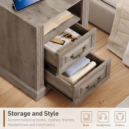 RALGEND Farmhouse Nightstand with Charging Station, Night Stand with 2 Drawers, End Tables Living Room, LED Bed Side Table with Open Shelf, End Table for Bedroom, Living Room, Greige - color: Greige