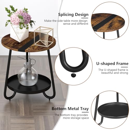 2 Tier Coffee Table in Living Room, Industrial Style Round Coffee Table with Metal Tray, Wood Small Outdoor Coffee Table for Bedroom Balcony Patio, Rustic Brown - color: Rustic Brown