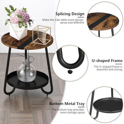 2 Tier Coffee Table in Living Room, Industrial Style Round Coffee Table with Metal Tray, Wood Small Outdoor Coffee Table for Bedroom Balcony Patio, Rustic Brown - color: Rustic Brown