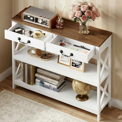 IRONCK 39.4" Farmhouse Console Table with Storage, Narrow Entryway Table with 2 Drawers & 2 Shelves, Industrial Wood Sofa Table for Living Room/Hallway, White/Walnut - size: 39.4inch