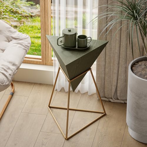 COZAYH Modern Geometric End Table with Wooden Top and Golden Metal Base, Unique Pyramid Side Table Plant Stand for Office, Living Room, Bedroom, Fully Assembled, Triangle, Green - color: Green