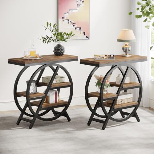 Tribesigns End Table Set of 2, 3-Tier Narrow Sofa Side Table with Storage for Living Room, Wood End Table with Geometric Metal Frame, Industrial Nightstand and Bedside Table for Bedroom, Light Brown - color: Light Brown