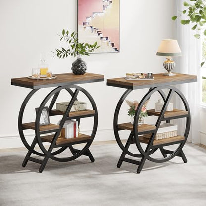 Tribesigns End Table Set of 2, 3-Tier Narrow Sofa Side Table with Storage for Living Room, Wood End Table with Geometric Metal Frame, Industrial Nightstand and Bedside Table for Bedroom, Light Brown - color: Light Brown