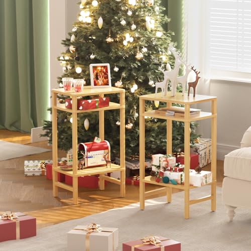 YUFAM Side Table End Table Tall Night Stand 3-Tier 2 Pack for Living Room Bedroom Bathroom Office Furniture Natural - color: Natural, size: 3 Tier