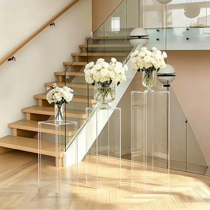 Vincidern 3PCS Acrylic Pedestal Stand for Party, Clear Square Display Plinth Pillar Stand for Wedding Cake Stand, Flower Holder, Sculpture Display, Art Gallery Home Decor (31.5"/27.6"/23.6" H)