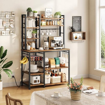 SNTD 6-Tier Bakers Rack with Power Outlets, 36 x 14.6 x 72 in, Rustic Brown | Large Capacity for Small Appliances, Stable Metal Frame with Wood Shelves, Pull-Out Basket, 14 Hooks - color: Rustic Brown