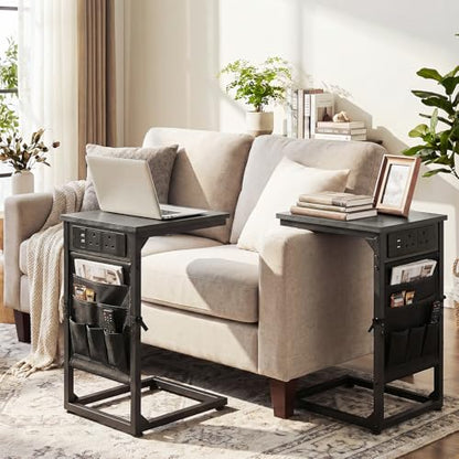 AMHANCIBLE C Shaped End Table with Charging Station, Couch Side Tables that Slide Under Sofa with Storage Bag, Slim TV Tray with USB Ports for Living Room, Bedroom, Dark Grey HET04CDG - color: Dark Grey