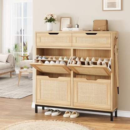 Jocoevol Rattan Shoe Cabinet for Entryway, Boho Shoe Storage Cabinet with 4 Flip Drawers and 2 Drawers, Narrow Freestanding Shoe Rack with Metal Legs for Entryway/Hallway/Foyer (Natural) - color: Natural