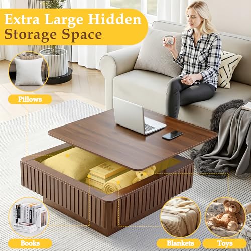 Lift Coffee Table with Hidden Storage & Adjustable Height, 35.4" Modern Fluted RGB LED Center Table with Charging Station, Wooden Accent Tea Table for Living Room & Small Apartment (Square) - size: Square