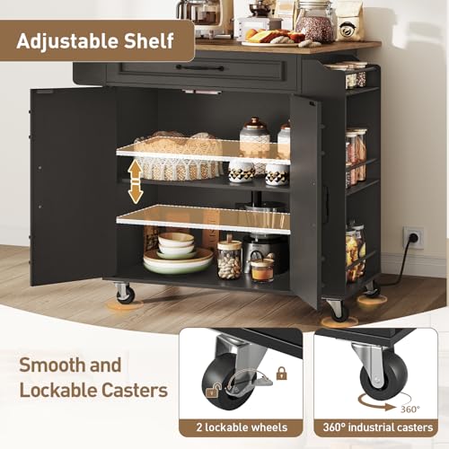 RALGEND Kitchen Island with Power Outlets & Drop Leaf, Rolling Kitchen Cart on Wheels, Kitchen Storage Island with Spice Rack and Drawer for Kitchen, Dinning Room, Black and Rustic Brown - color: Black + Rustic Brown