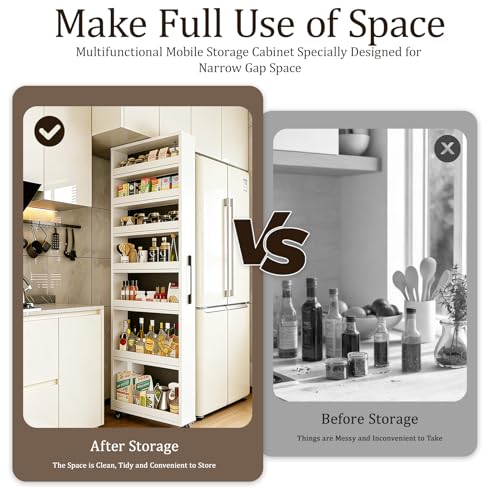 Rolling Spice Rack Next To Side Of Fridge Storage Slim Narrow Shelf Lightweight 7 Tier Wooden Storage Cart For Kitchen , Dining Room, Bathroom, Small Spaces (White, 72.4"H x 9.8"W x 21.6"D) - color: White