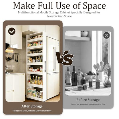 Rolling Spice Rack Next To Side Of Fridge Storage Slim Narrow Shelf Lightweight 7 Tier Wooden Storage Cart For Kitchen , Dining Room, Bathroom, Small Spaces (White, 72.4"H x 9.8"W x 21.6"D) - color: White