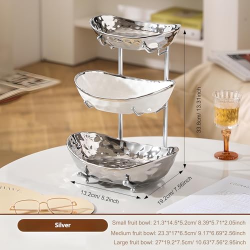 YYW 3 Tier Fruit Bowl for Kitchen Counter, White Gold Silver Ceramic Fruit Stand for Countertop, Home Fruit Rack with Metal Holder, Vegetable Snacks Nuts Bread Candy Storage (Silver) - color: Silver