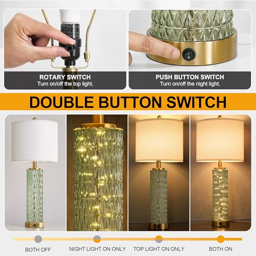 Oneach 27.75" Modern Table Lamps Set of 2, Green Bedside Lamp with Glass Nightlight, USB A+C, Unique Desk Lamps for Living Room, Bedroom, Nightstand, End Table (2 Bulbs Included) - color: Green - White Shade