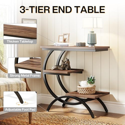 Tribesigns C-Shaped End Table Set of 2, Industrial 3-Tier Small Side Table for Couch, Wood Bedside Table Snack Side Table with Storage Shelves for Living Room Small Space, Rustic Brown - color: Rustic Brown