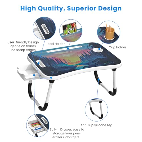 Laptop Bed Table with Storage & Cup Holder - Foldable Bed Table for Laptop, Portable Lap Desk Bed Tray for Breakfast in Bed, Writing, Reading, Working, Eating on Sofa or Floor (144 Jungle)