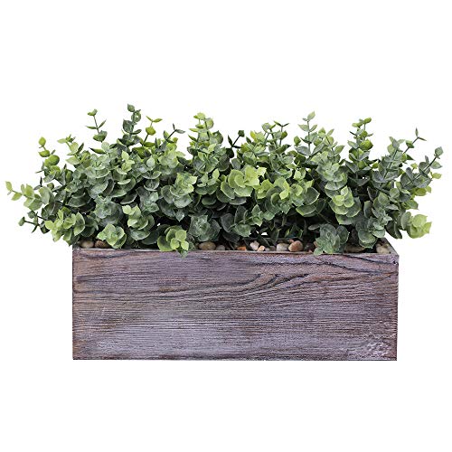 Winlyn Faux Eucalyptus Plants in Rustic Rectangular Wood Planter Box Artificial Eucalyptus Greenery Arrangement Potted Plant in Dusty Green for Wedding Centerpiece Office Room Table Windowsill Décor