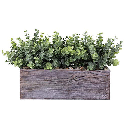 Winlyn Faux Eucalyptus Plants in Rustic Rectangular Wood Planter Box Artificial Eucalyptus Greenery Arrangement Potted Plant in Dusty Green for Wedding Centerpiece Office Room Table Windowsill Décor