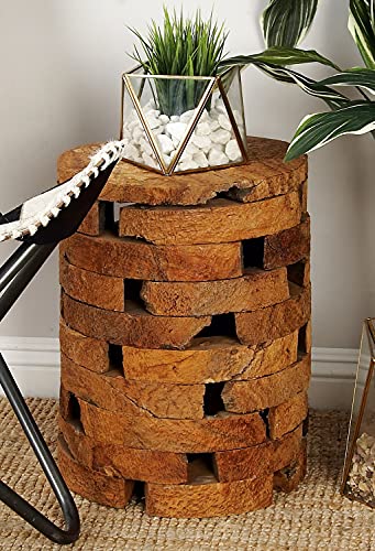 Deco 79 Teak Wood Handmade Side End Accent Table Live Edge End Table with Brick Inspired Design, Side Table 14" x 14" x 18", Brown - color: Brown, size: 14" x 14" x 18"