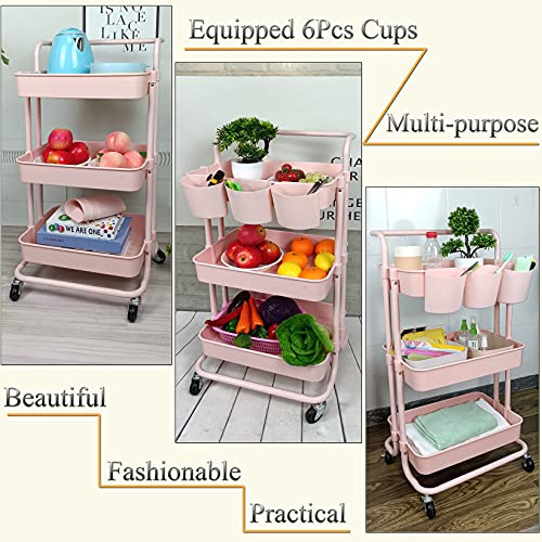 3 Tier Utility Rolling Cart Storage Organizer Shelf Rack with 6PCS Hanging Cups for Home Office Kitchen Bathroom Storage (Pink)