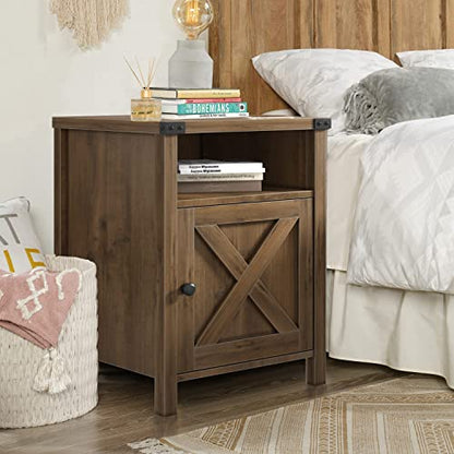 Catrimown Farmhouse Nightstand, Side Table End Table with Barn Door and Shelf, Modern Bed Side Table End Table, Rustic Nightstands Set for Bedroom, Living Room, Oak, 13.8D x 15.8W x 23.7H in - color: Oak