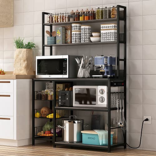 Kitchen Bakers Rack with Baskets and Power Outlet,5-Tier Kitchen Utility Storage Shelf with Hooks, Microwave Oven Stand Rack,Vintage Grey Free Standing Kitchen Shelf - color: Gray With Power Outlet