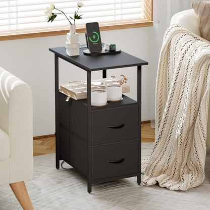 Somdot End Table with Charging Station, Narrow Side Table with 2 Fabric Drawers, Skinny Nightstand with Storage, Small Slim Bedside Table for Living Room, Sofa, Bedroom, Couch, Black - color: Black