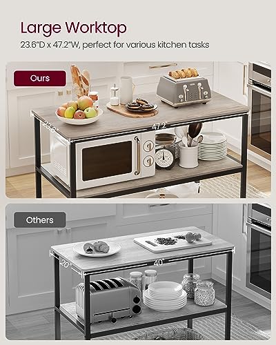 VASAGLE Kitchen Island with 3 Shelves, 47.2 Inches Width Kitchen Shelf with Large Worktop, Stable Steel Structure, Industrial, Easy to Assemble, Greige and Black UKKI001B02 - color: Greige + Black, size: 47.2"W x 35.4"H, style: without Power Outlets