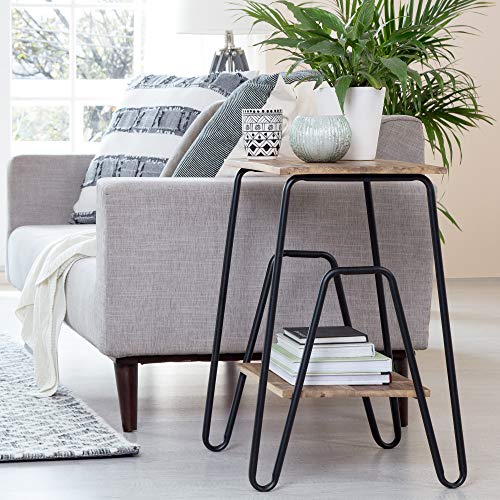 ClickDecor Cooper Industrial Side Table, Solid Wood Modern Farmhouse Rustic Accent with Black Metal Hairpin Legs, Living Room Storage, Brown