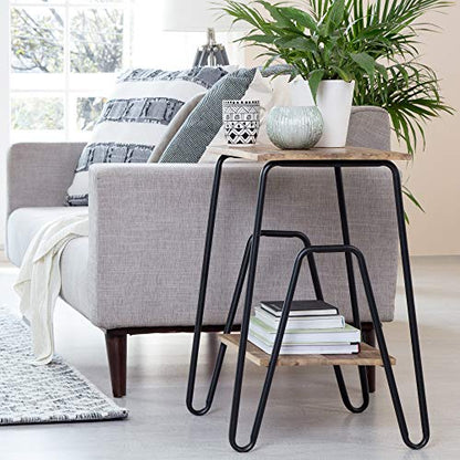 ClickDecor Cooper Industrial Side Table, Solid Wood Modern Farmhouse Rustic Accent with Black Metal Hairpin Legs, Living Room Storage, Brown