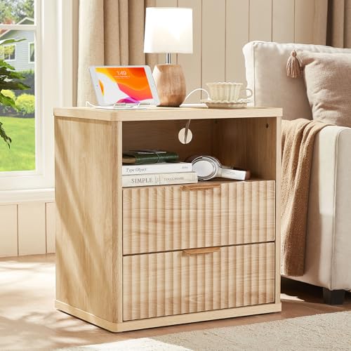 LEYAOYAO Fluted Nightstand with Charging Station, 23" Wide 2 Drawers End Table, Natural Night Stand with Open Storage Cabinet, Farmhouse Bed Side Tables, Wood Dresser for Bedroom, Living Room, Closet - color: Natural, size: 2 Drawers