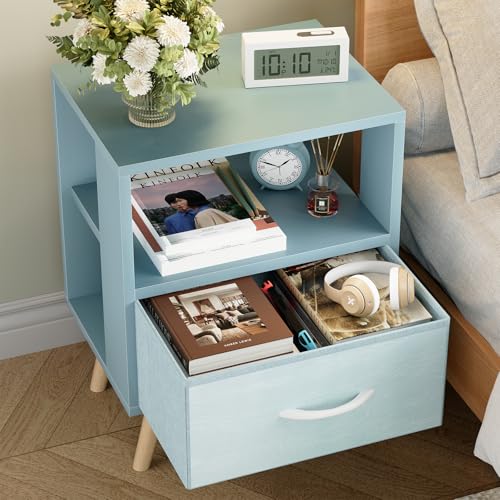Huhote Kids Nightstand, 2-Tier Night Stand with Drawer, Modern Side Table for Bedroom, Study Room, Small Spaces, Blue - color: Blue, size: 2-Tier with Drawer