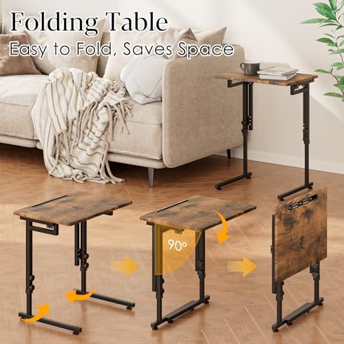Adjustable Folding TV Tray Table,TV Dinner Small Foldable C-Shaped End Table for Eating,6 Height Adjustable Slide Under Couch Side with Sturdy MDF Top,No Assembly(Brown,2Pcs) - color: Brown, size: 2PCS