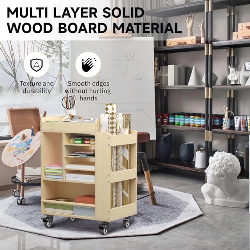 lukar Wooden Art Cart Organizer with Wheels, 3-Tier Rolling Art Activity Cart for Kids, Kids Art and Craft Storage Cabinet, Multi-Functional DIY Utility Carts for Classroom, Nursery, Bedroom