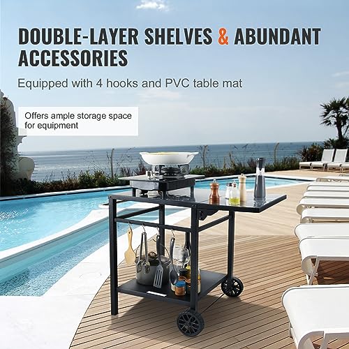 VEVOR Outdoor Grill Dining Cart with Double-Shelf, BBQ Movable Food Prep Table, Multifunctional Foldable Iron Table Top, Portable Modular Carts for Pizza Oven, Worktable with 2 Wheels, Carry Handle - size: 21.65"D x 21.65"W x 29.72"H, style: Iron Table To