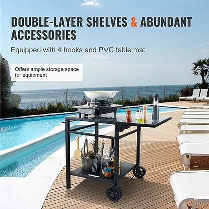 VEVOR Outdoor Grill Dining Cart with Double-Shelf, BBQ Movable Food Prep Table, Multifunctional Foldable Iron Table Top, Portable Modular Carts for Pizza Oven, Worktable with 2 Wheels, Carry Handle - size: 21.65"D x 21.65"W x 29.72"H, style: Iron Table To