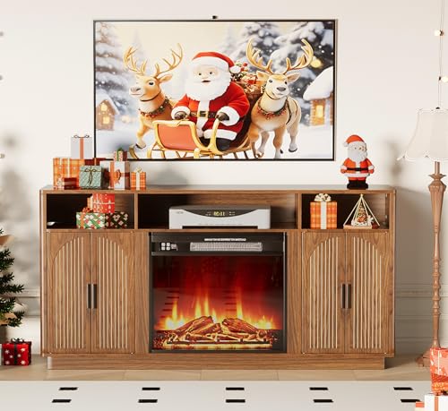 59 Inch Fireplace TV Stand with 23'' Electric Fireplace, Mid Century Modern Fluted Entertainment Center for TVs up to 65", TV Console with Storage for Living Room, Bedroom (Walnut,With Fireplace) - size: With Fireplace