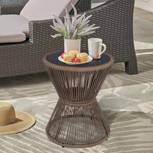 SUNNYPARK Small Outdoor Side End Table Modern Hourglass Style 20" H | Tempered Glass Top, Hand-Woven Rope, Easy Assembly, All Weather, Round Accent Table for Coffee Patio Balcony Poolside - color: Brown