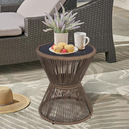 SUNNYPARK Small Outdoor Side End Table Modern Hourglass Style 20" H | Tempered Glass Top, Hand-Woven Rope, Easy Assembly, All Weather, Round Accent Table for Coffee Patio Balcony Poolside - color: Brown