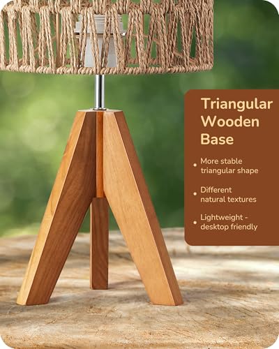 EDISHINE Small Table Lamp, Rattan Wood Tripod Bedside Lamp, Boho Nightstand Lamp for Living Room, End Table, Office, E26 Base, Natural Style - color: Rosewood Color&W-pattern Shade