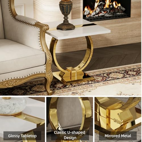 Asday Gold End Table, 23" Modern Sofa Side Table with Polished Metal U-Base, Square White and Gold End Table for Living Room, Sofa Couch, Bedroom, Office - color: White and Gold, size: Set of 1