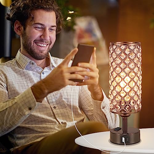 Hong-in Crystal Table Lamp Touch Control Set of 2, 3-Way Black Crystal Lamps with USB C+A Ports & AC Outlet, Dimmable Nightstand Desk Lamps,Modern Bedside Table Lamp for Bedroom(Bulbs Included) - color: Black