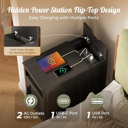 Huuger Narrow Night Stand, End Table with Charging Station, USB-C Port, Rattan Side Table with Cabinet and Open Shelf, Synthetic Rattan, for Small Spaces, Bedroom, Black - color: Black